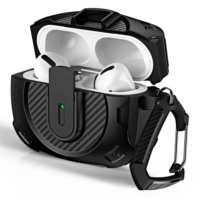 Coque AirPods 4 Armure Tactique Fibre Carbone avec Mousqueton