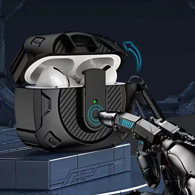 Coque AirPods 4 Armure Tactique Fibre Carbone avec Mousqueton