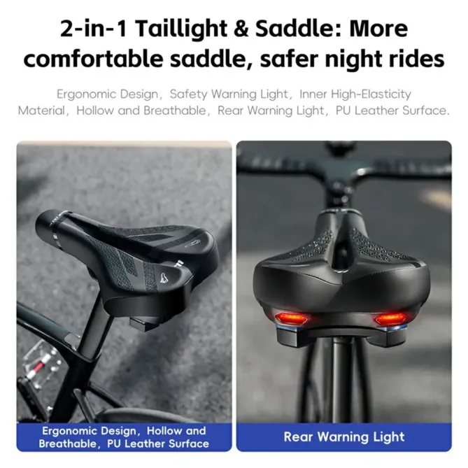 Selle vélo ergonomique mémoire de forme avec feu arrière intégré