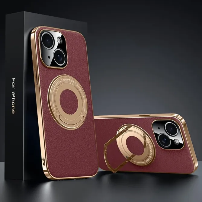 Coque iPhone 13 effet cuir compatible MagSafe avec support caché