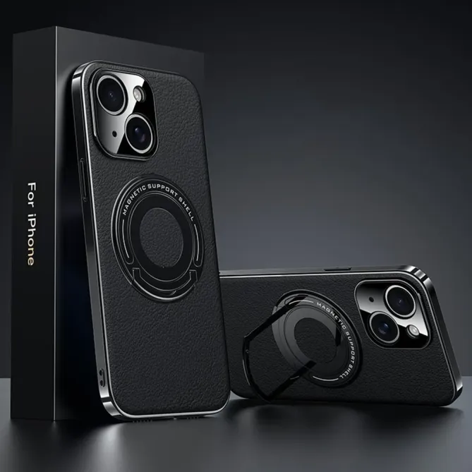 Coque iPhone 13 effet cuir compatible MagSafe avec support caché