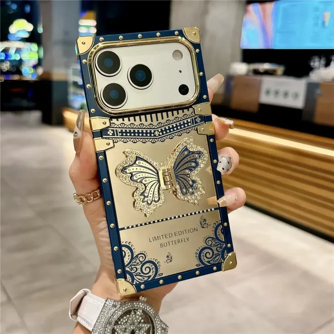 Coque iPhone 17 Pro Max design coffre luxe avec support papillon et st