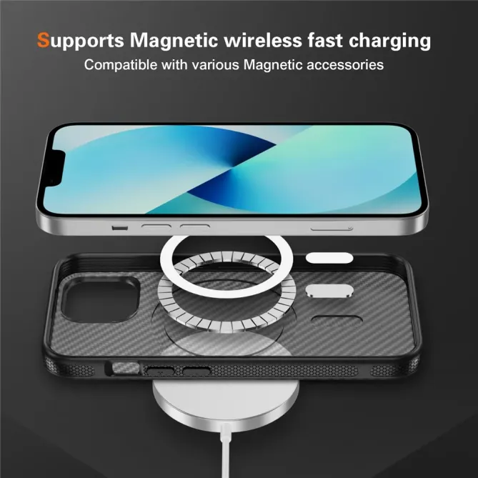 Coque iPhone 14 / 13 texture fibre carbone compatible MagSafe