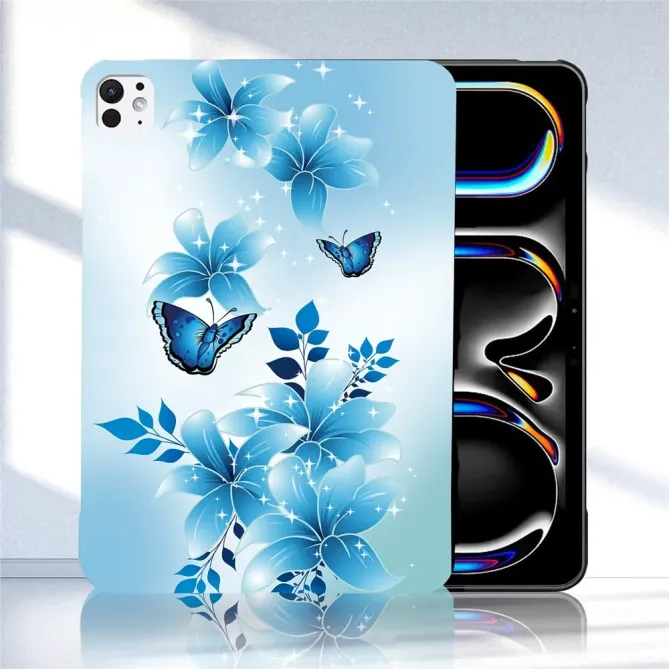 Coque iPad Pro 13 (2025) / 13 (2024) Papillon Bleu Fleurs Design