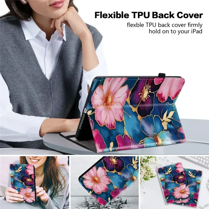 Housse iPad Pro 13 (2025) / (2024) Fleurs Bleues et Or Porte-cartes