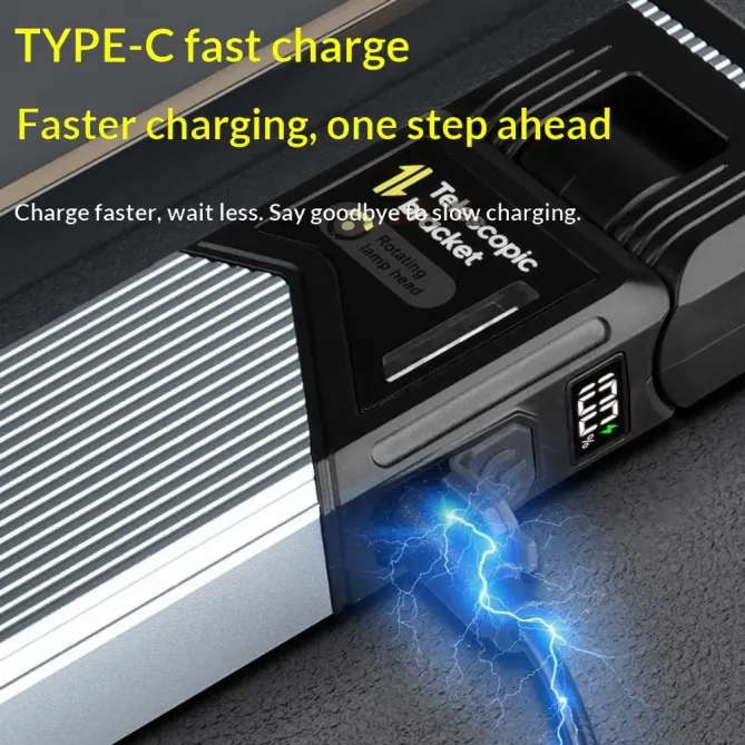 Lampe LED Travail Rechargeable Télescopique avec Charge Type-C