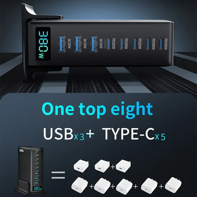 Station Charge GaN 380W Affichage Digital 8 Ports USB-C + USB-A