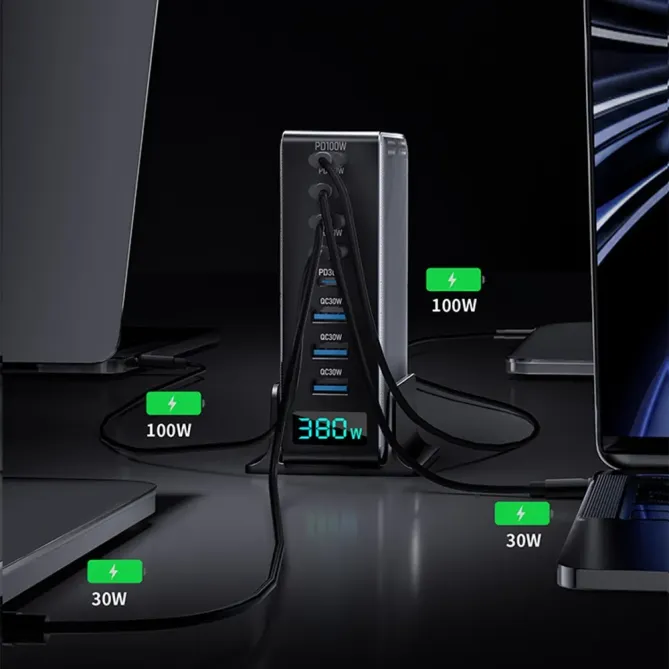 Station Charge GaN 380W Affichage Digital 8 Ports USB-C + USB-A