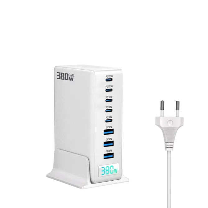 Station Charge GaN 380W Affichage Digital 8 Ports USB-C + USB-A