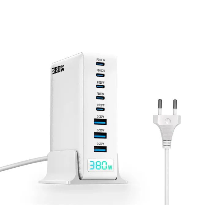Station Charge GaN 380W Affichage Digital 8 Ports USB-C + USB-A