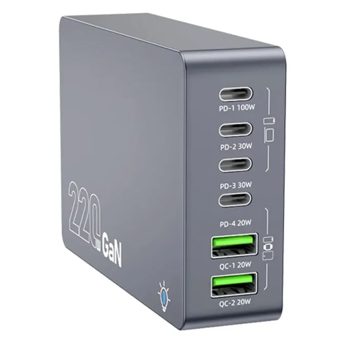 Station Charge Bureau GaN 220W 6 Ports USB-C PD 100W Chargeur Rapide M