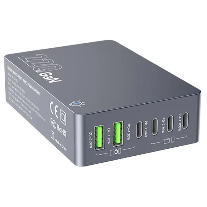 Station Charge Bureau GaN 220W 6 Ports USB-C PD 100W Chargeur Rapide M