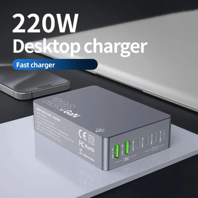 Station Charge Bureau GaN 220W 6 Ports USB-C PD 100W Chargeur Rapide M
