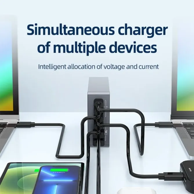 Station Charge Bureau GaN 220W 6 Ports USB-C PD 100W Chargeur Rapide M