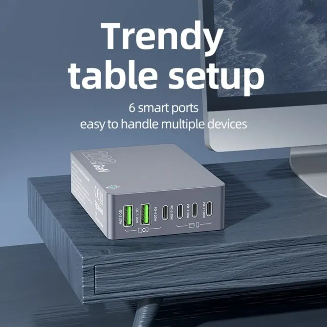 Station Charge Bureau GaN 220W 6 Ports USB-C PD 100W Chargeur Rapide M