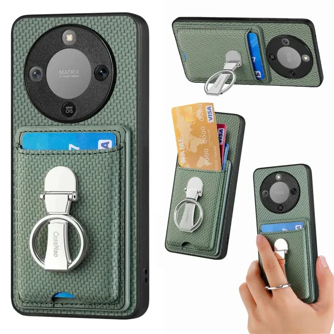 Coque Honor Magic 8 Lite / X9d 5G Texture Carbone avec Porte-Cartes et Support Anneau Vert foncé - photo 14