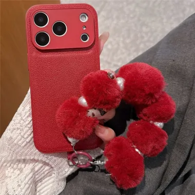 Coque iPhone 17 Pro cuir avec dragonne peluche fleur