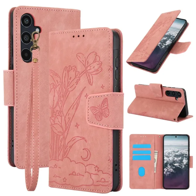 Housse Samsung Galaxy A57 cuir fleur papillon avec dragonne