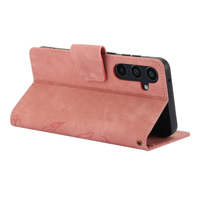 Housse Samsung Galaxy A57 cuir fleur papillon avec dragonne