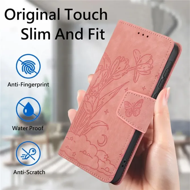 Housse Samsung Galaxy A57 cuir fleur papillon avec dragonne