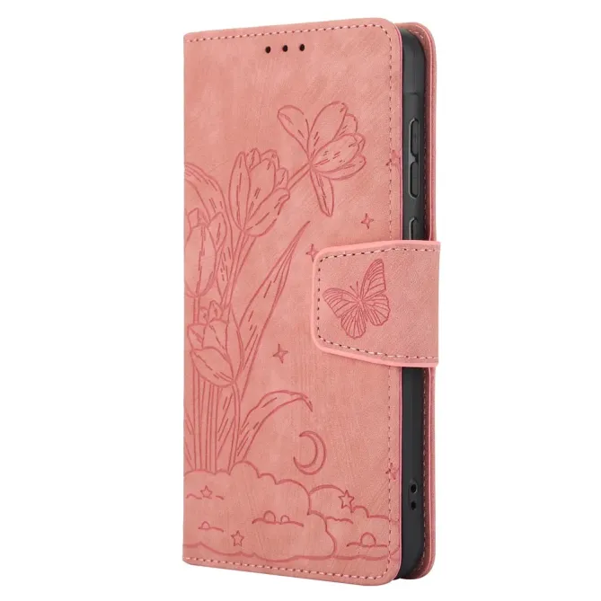 Housse Samsung Galaxy A57 cuir fleur papillon avec dragonne