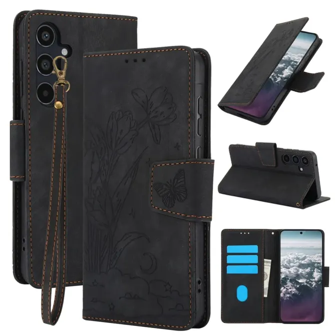 Housse Samsung Galaxy A57 cuir fleur papillon avec dragonne
