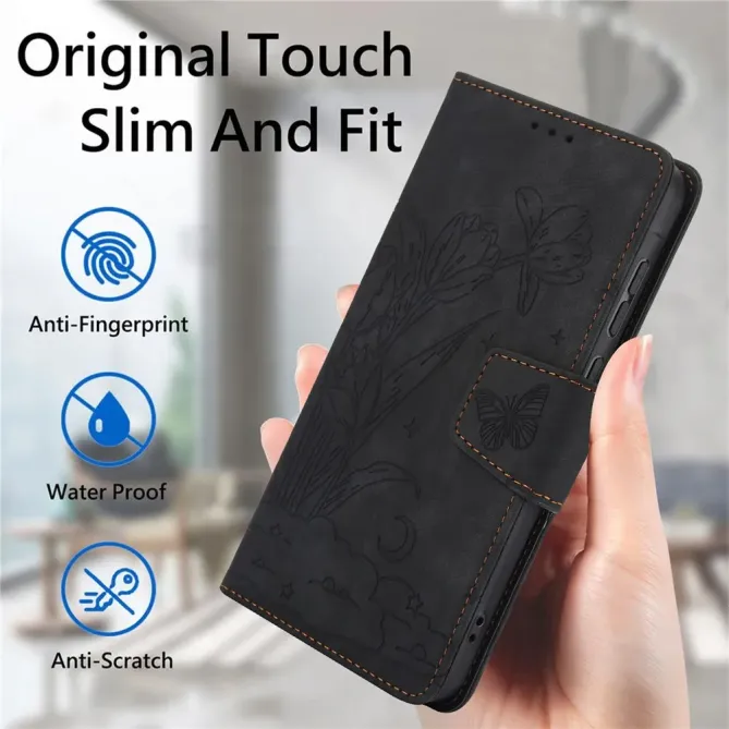 Housse Samsung Galaxy A57 cuir fleur papillon avec dragonne