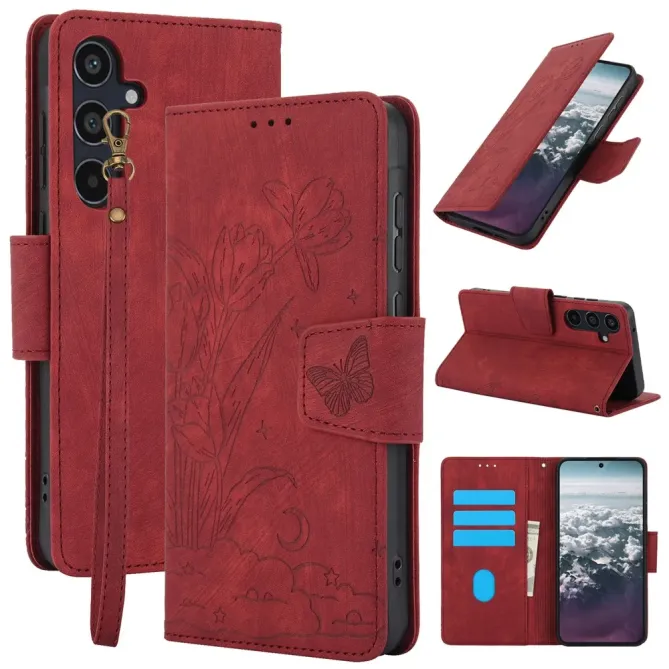Housse Samsung Galaxy A57 cuir fleur papillon avec dragonne