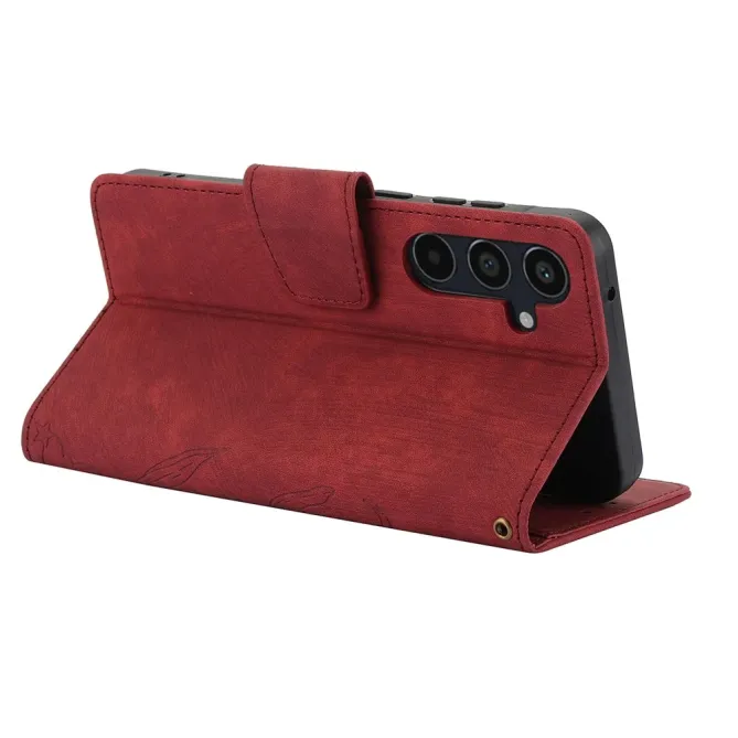 Housse Samsung Galaxy A57 cuir fleur papillon avec dragonne