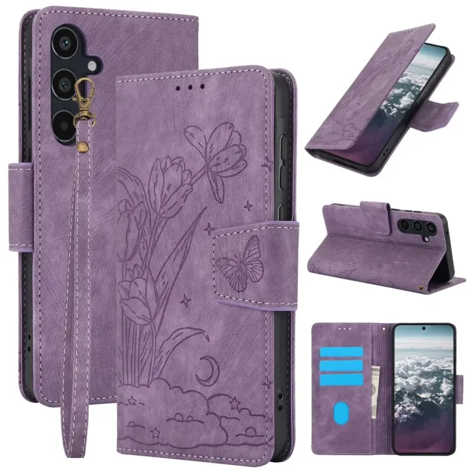 Housse Samsung Galaxy A57 cuir fleur papillon avec dragonne
