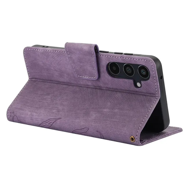 Housse Samsung Galaxy A57 cuir fleur papillon avec dragonne