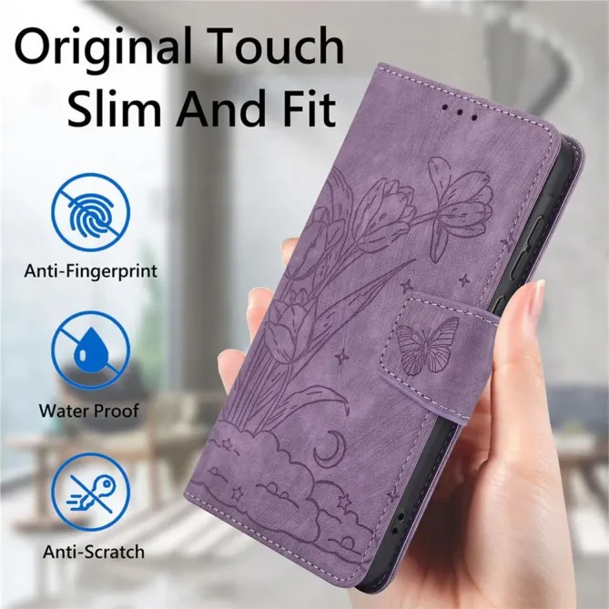 Housse Samsung Galaxy A57 cuir fleur papillon avec dragonne