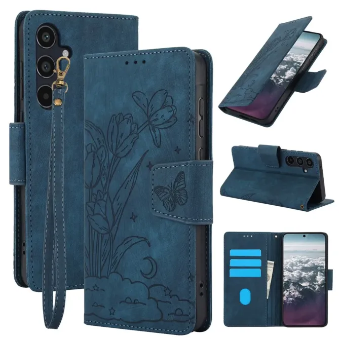 Housse Samsung Galaxy A57 cuir fleur papillon avec dragonne