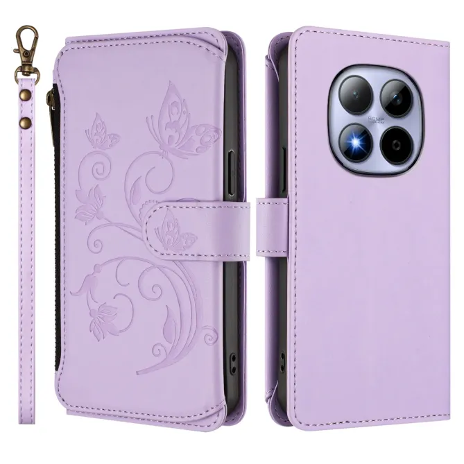 Housse Xiaomi Redmi Note 15 Pro 4G Papillons Fleurs Zip Porte-Cartes D