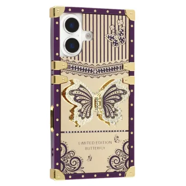 Coque iPhone 16 Plus design coffre luxe avec support papillon et stras