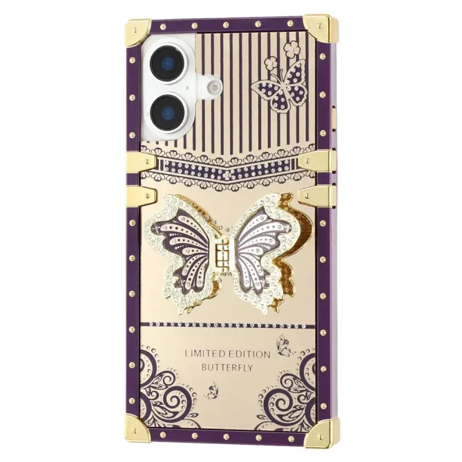 Coque iPhone 16 Plus design coffre luxe avec support papillon et stras