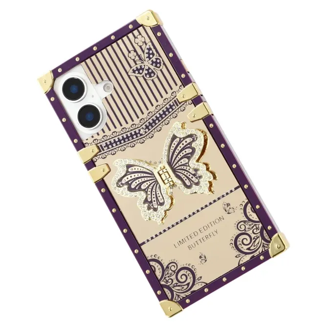 Coque iPhone 16 Plus design coffre luxe avec support papillon et stras