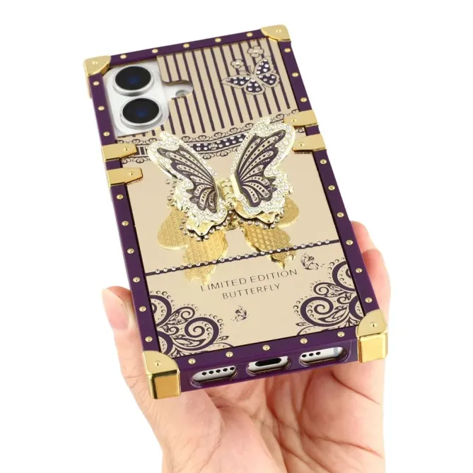 Coque iPhone 16 Plus design coffre luxe avec support papillon et stras