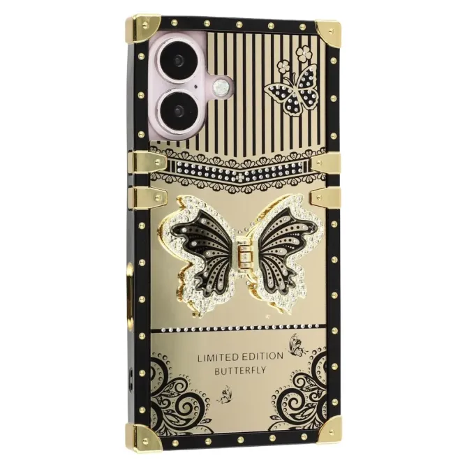 Coque iPhone 16 Plus design coffre luxe avec support papillon et stras