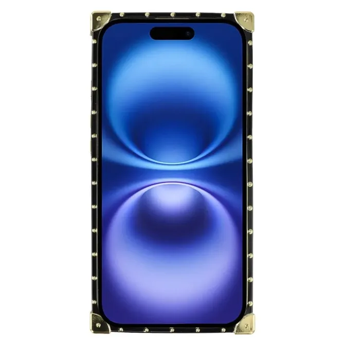 Coque iPhone 16 Plus design coffre luxe avec support papillon et stras