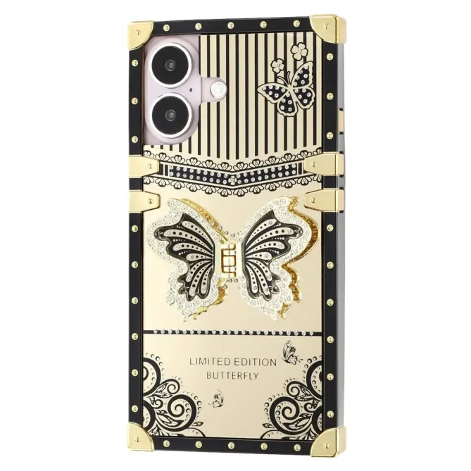 Coque iPhone 16 Plus design coffre luxe avec support papillon et stras