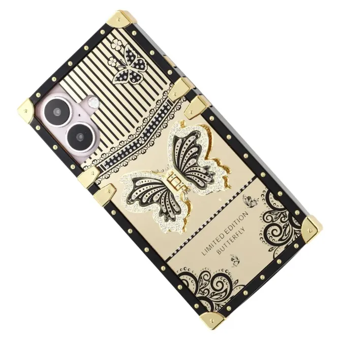 Coque iPhone 16 Plus design coffre luxe avec support papillon et stras