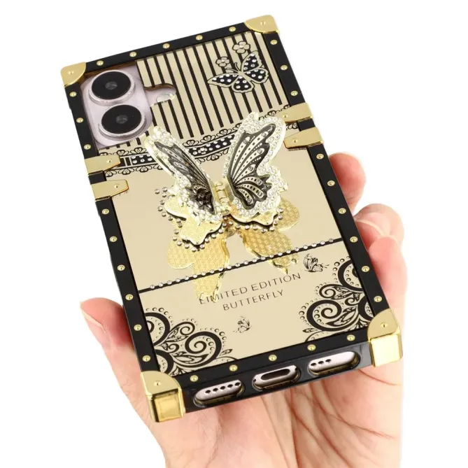 Coque iPhone 16 Plus design coffre luxe avec support papillon et stras