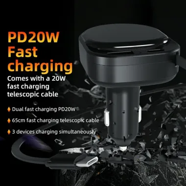 Chargeur Voiture Rapide K8 Câble Rétractable USB-C et USB-A