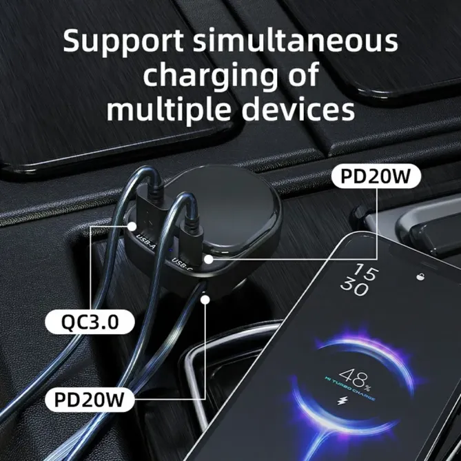 Chargeur Voiture Rapide K8 Câble Rétractable USB-C et USB-A