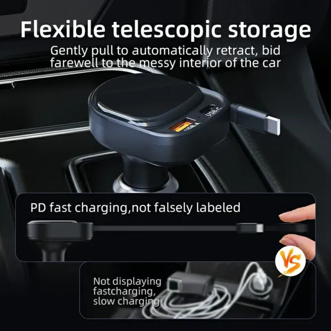 Chargeur Voiture Rapide K8 Câble Rétractable USB-C et USB-A