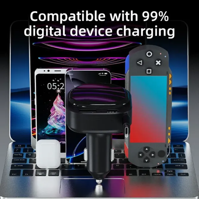 Chargeur Voiture Rapide K8 Câble Rétractable USB-C et USB-A