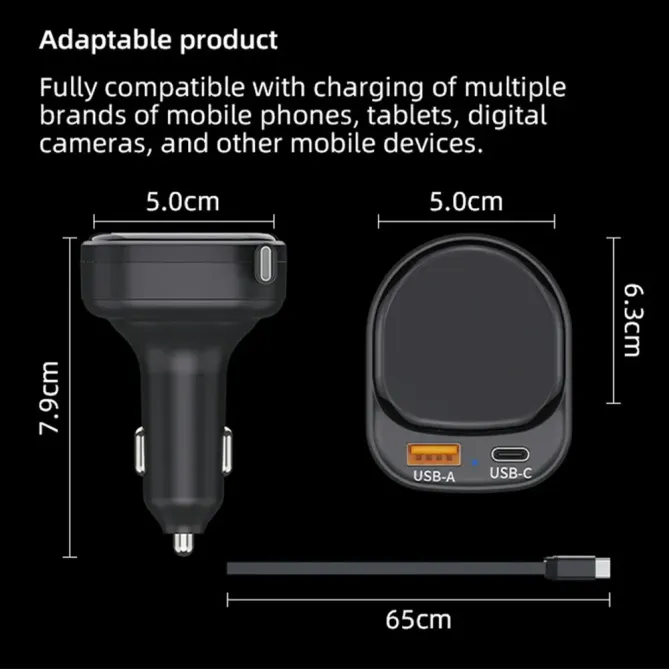 Chargeur Voiture Rapide K8 Câble Rétractable USB-C et USB-A
