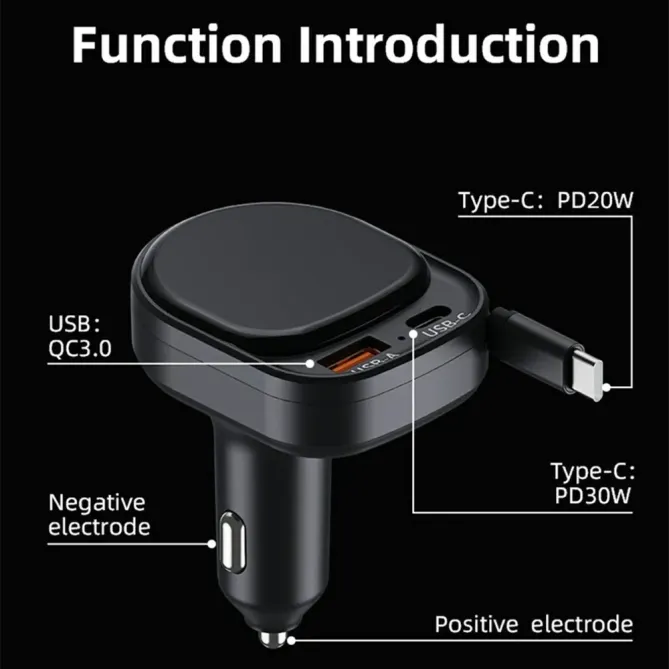 Chargeur Voiture Rapide K8 Câble Rétractable USB-C et USB-A