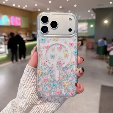 Coque iPhone 17 Pro Magnétique Paillettes et Papillons